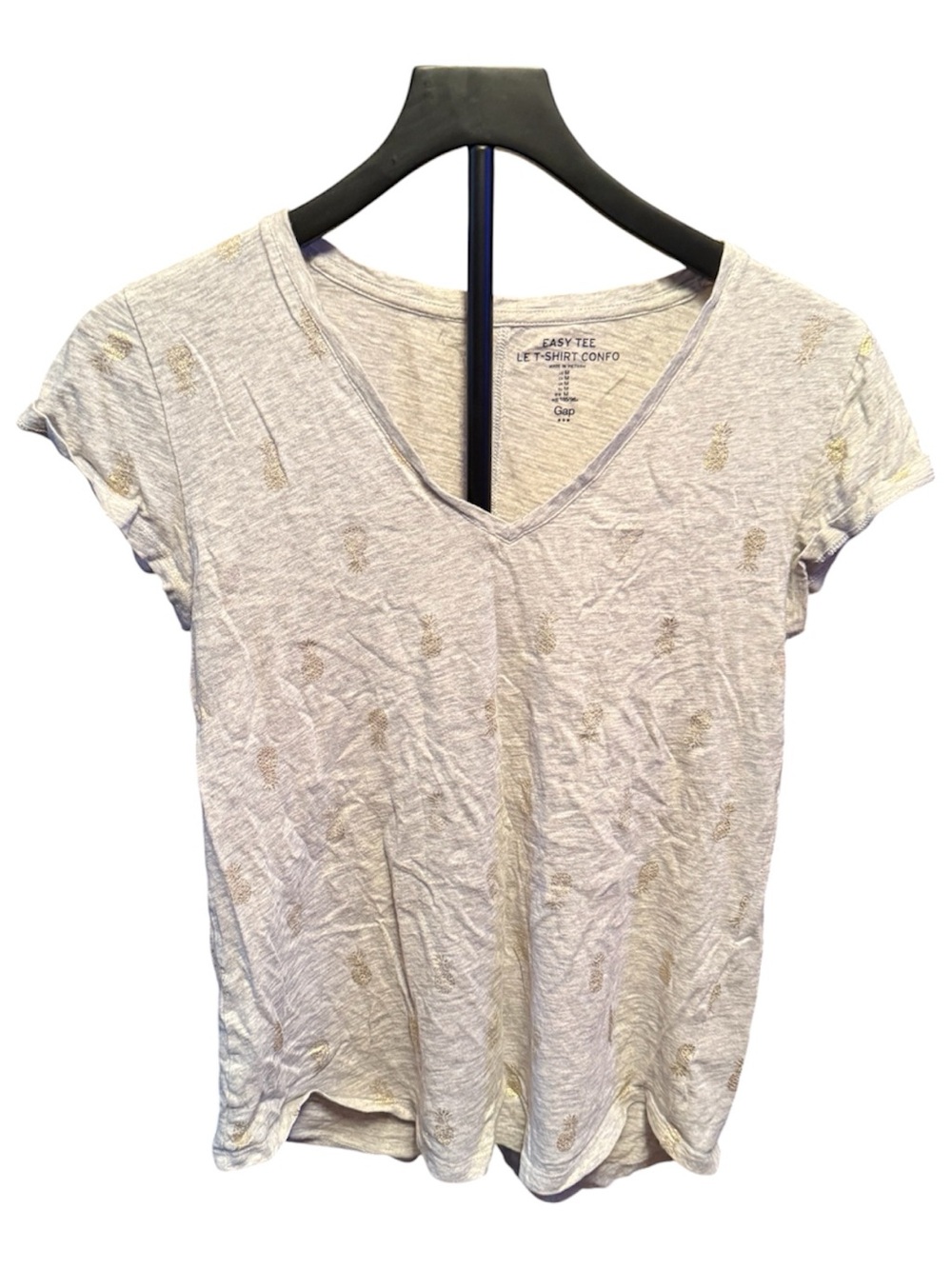 Gap Easy Tee Gray Gold Pineapple Print V-Neck T-Shirt Women’s Medium
